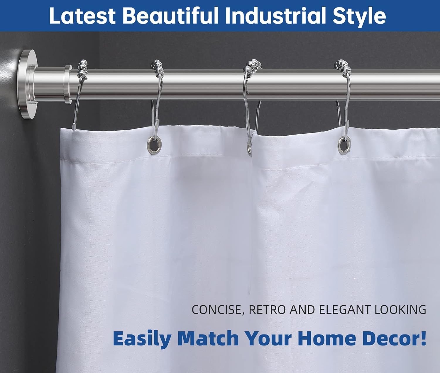 BRIOFOX Industrial Shower Curtain Rod - Never Rust Non-Slip 43-72 Inch 304 Stainless Steel, Chrome